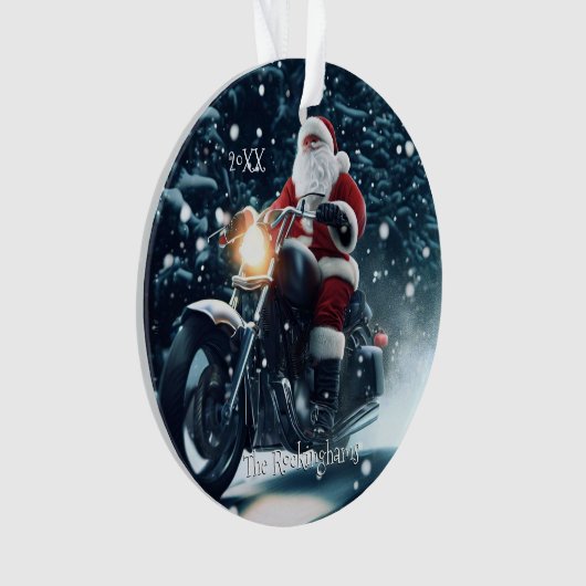 Kerstman op een motor in de sneeuw ornament (voorkant)
