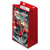 Kerstman op een motor klein cadeauzakje (Voorkant Gekanteld)