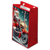 Kerstman op een motor klein cadeauzakje (Achterkant Gekanteld)