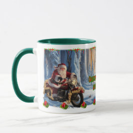 Kerstman op een motor op een keramische koffiebeke mok