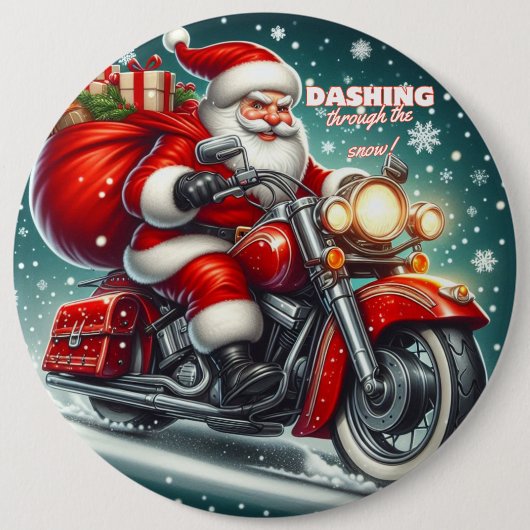 Kerstman op een motor ronde button 6,0 cm (Voorkant)