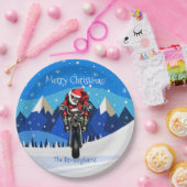 Kerstman op een motorfiets in de bergen   papieren bordje (Feest)