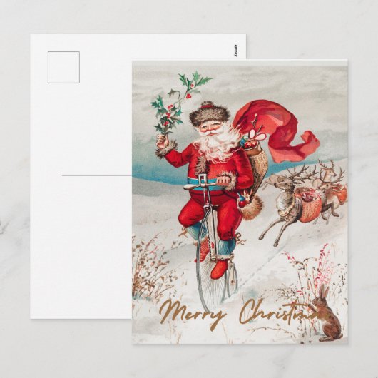 Kerstman op een penny farthing met rendieren feestdagenkaart (Voorkant / Achterkant)