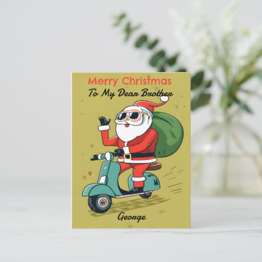 Kerstman op een Scooter Met Zonnebril en X-Mas Cad Briefkaart (Staand voorkant)