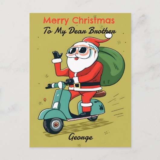 Kerstman op een Scooter Met Zonnebril en X-Mas Cad Briefkaart (Voorkant)