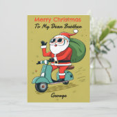 Kerstman op een Scooter Met Zonnebril en X-Mas Cad Feestdagenkaart (Staand voorkant)