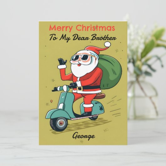 Kerstman op een Scooter Met Zonnebril en X-Mas Cad Feestdagenkaart (Staand voorkant)