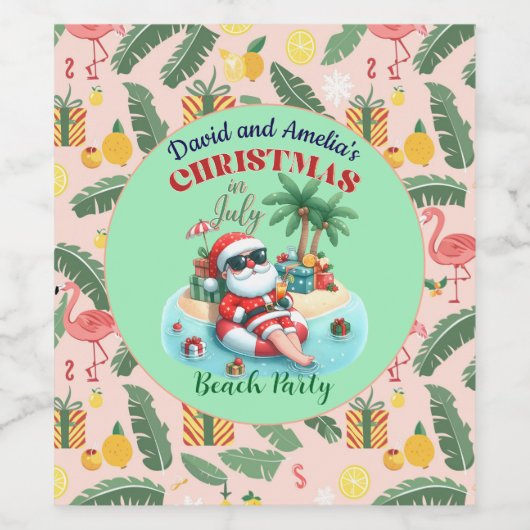 Kerstman op een tropisch eiland kerstfeest in juli wijn etiket (Enkel label)