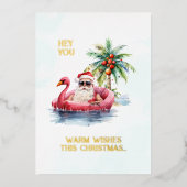 Kerstman op Flamingo Zwembad Floatie Kerstmis Folie Feestdagenkaart (Voorkant)