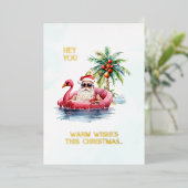 Kerstman op Flamingo Zwembad Floatie Kerstmis Folie Feestdagenkaart (Staand Voorkant)