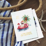 Kerstman op Flamingo Zwembad Floatie Kerstmis Folie Feestdagenkaart<br><div class="desc">De kerstman draagt een zonnebril en zijn gebruikelijke rode pet,  zit op een flamingopoule in de oceaan met een eilandje achter hem,  en stuurt warme kerstwensen. Een palmboom op het eiland heeft roodbruine kokosnoten. Echte folie tekst op de voorkant,  en fotosjabloon op de achterkant.</div>