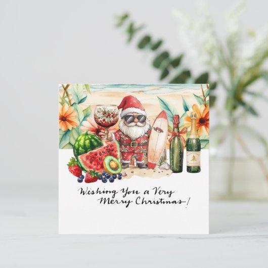 Kerstman op Hawaii Beach voor Kerstmis Feestdagenkaart (Staand voorkant)