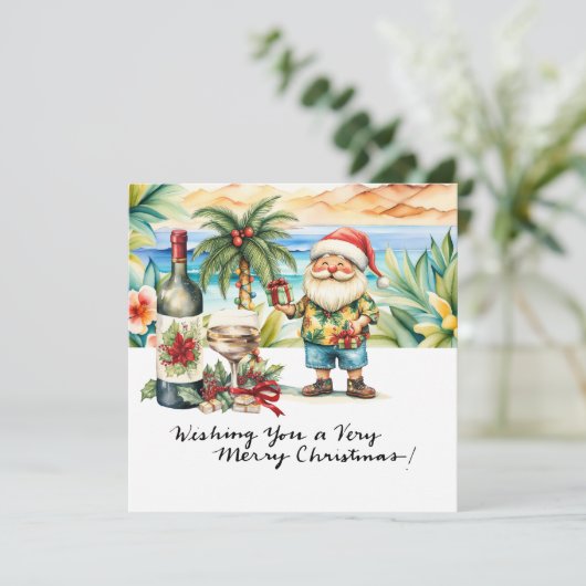 Kerstman op Hawaii Beach voor Kerstmis Feestdagenkaart (Staand voorkant)