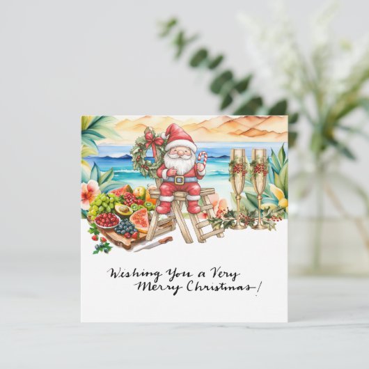 Kerstman op Hawaii Beach voor Kerstmis Feestdagenkaart (Staand voorkant)