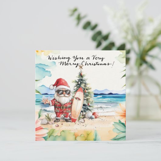 Kerstman op Hawaii Beach voor Kerstmis Feestdagenkaart (Staand voorkant)