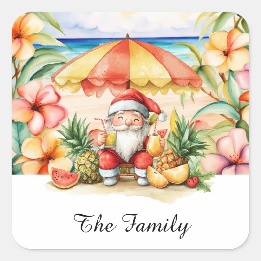 Kerstman op Hawaii Beach voor Kerstmis Vierkante Sticker (Voorkant)