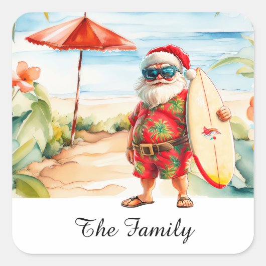 Kerstman op Hawaii Beach voor Kerstmis Vierkante Sticker (Voorkant)