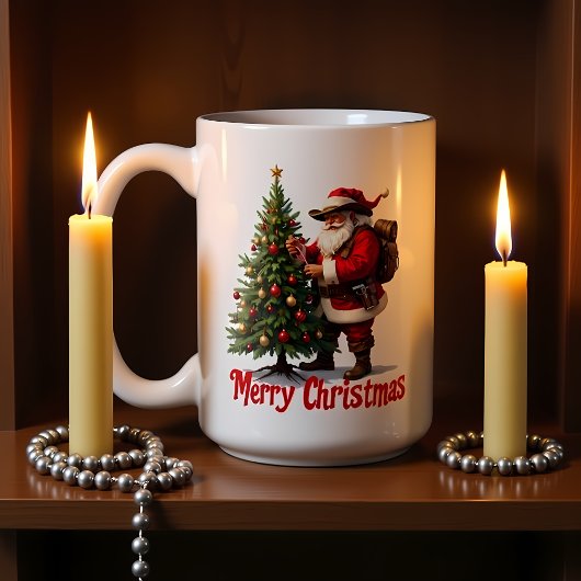 Kerstman op het pad versiert kerstboom koffiemok