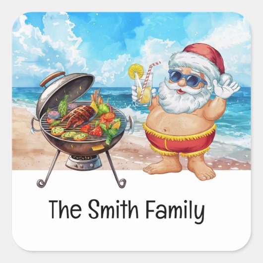 Kerstman op het strand Kerstmis in juli Vierkante Sticker (Voorkant)