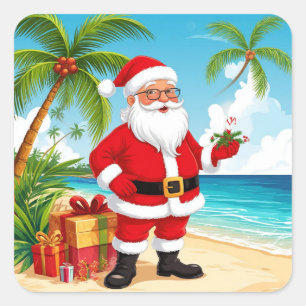 Kerstman op het zonnige strand met kerstcadeaus vierkante sticker
