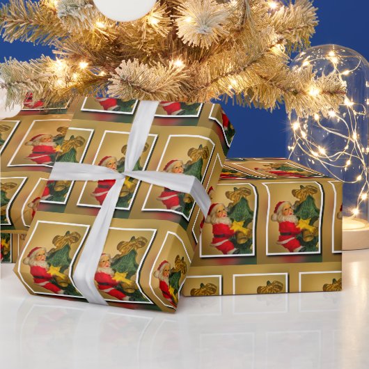 Kerstman op kerstboom Classic Jolly Golden Cadeaupapier (Feestdagen)