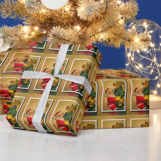 Kerstman op kerstboom naast elkaar patroon cadeaupapier (Feestdagen)