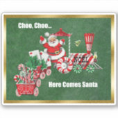 Kerstman op Kerstmis Trein Candy Canes Gold Border Sticker (Voorkant)