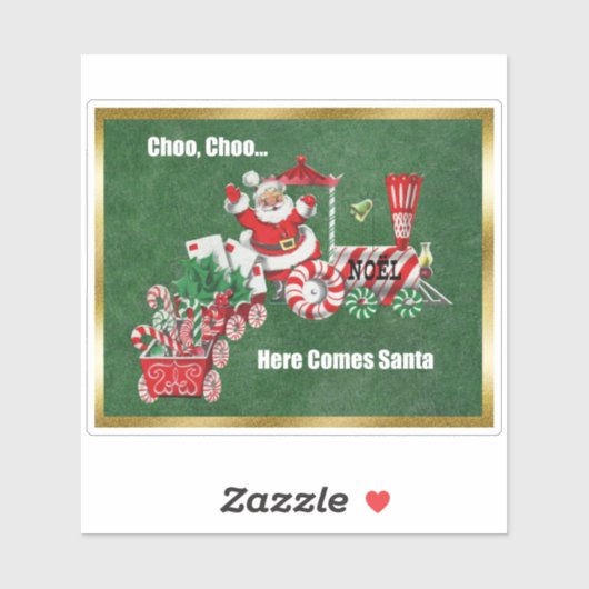 Kerstman op Kerstmis Trein Candy Canes Gold Border Sticker (Vel)