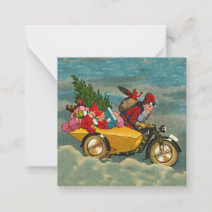Kerstman op motorfiets 2.5 x 2.5 in vintage stijl notitiekaartje