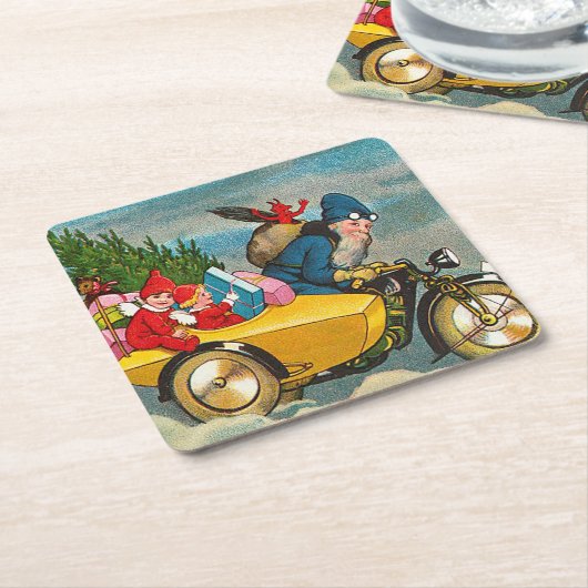  kerstman op motorfiets kartonnen onderzetters (Schuin)