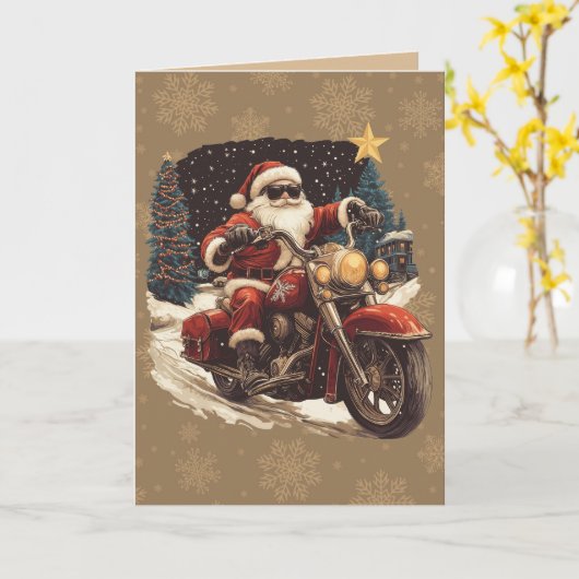 Kerstman op motorfiets kerstkaart kaart (Gele Bloem)