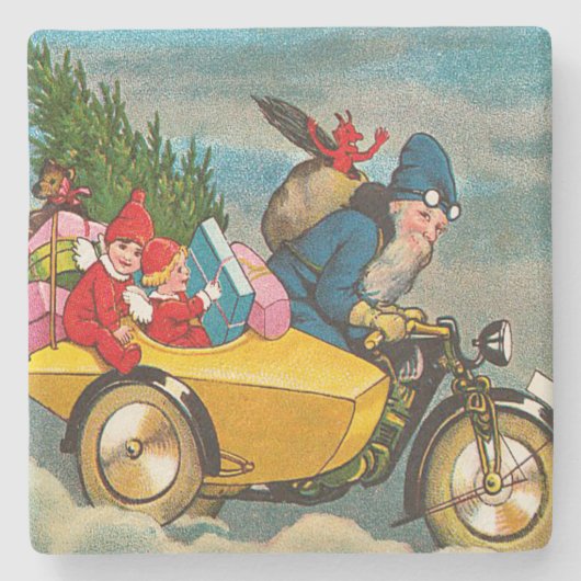 kerstman op motorfiets stenen onderzetter (Voorkant)