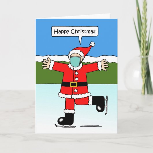 Kerstman op schaatsen Kerstkaart Covid 19 Feestdagen Kaart (Voorkant)