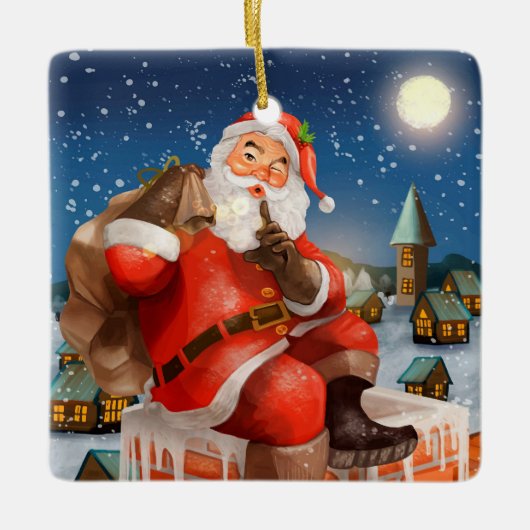 Kerstman op Schoorsteen Keramisch Ornament (Voorkant)