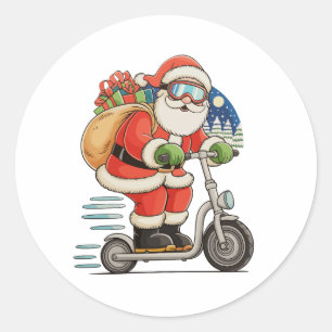 Kerstman op scooter kerst matching familie ronde sticker