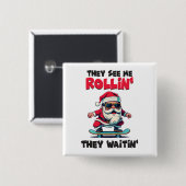 Kerstman op skateboard vierkante button 5,1 cm (Voorkant /achterkant)
