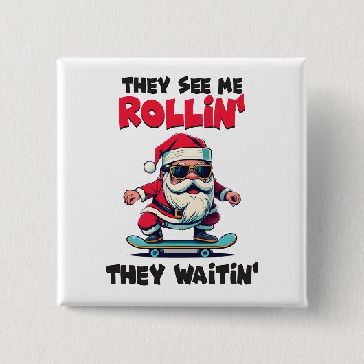 Kerstman op skateboard vierkante button 5,1 cm (Voorkant)