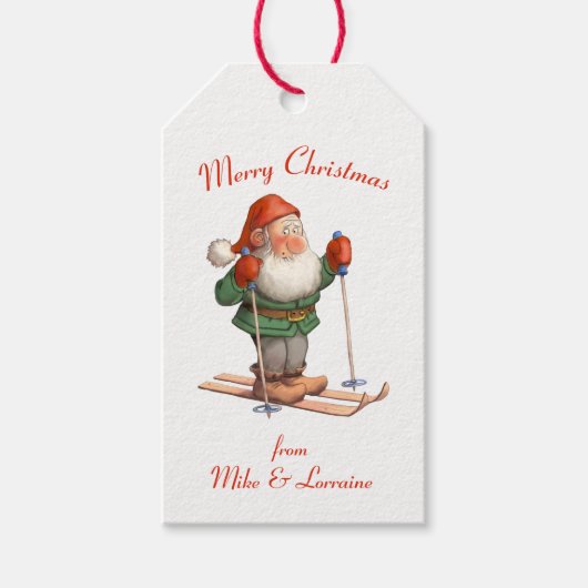 Kerstman op ski's Vrolijk Kerstfeest Cadeaulabel (Voorkant)