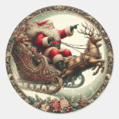 Kerstman op slee en rendieren ronde sticker (Voorkant)