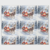 Kerstman op slee in besneeuwde bossen cadeaupapier (Vlak)