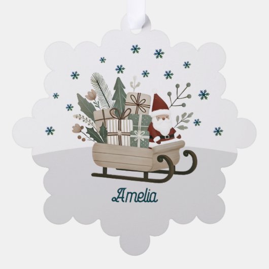 Kerstman op Sleigh Gifts Snowflakes Naam Kerstmis Ornament Kaart (Achterkant)