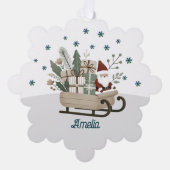 Kerstman op Sleigh Gifts Snowflakes Naam Kerstmis Ornament Kaart (Voorkant)