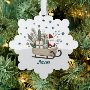Kerstman op Sleigh Gifts Snowflakes Naam Kerstmis Ornament Kaart