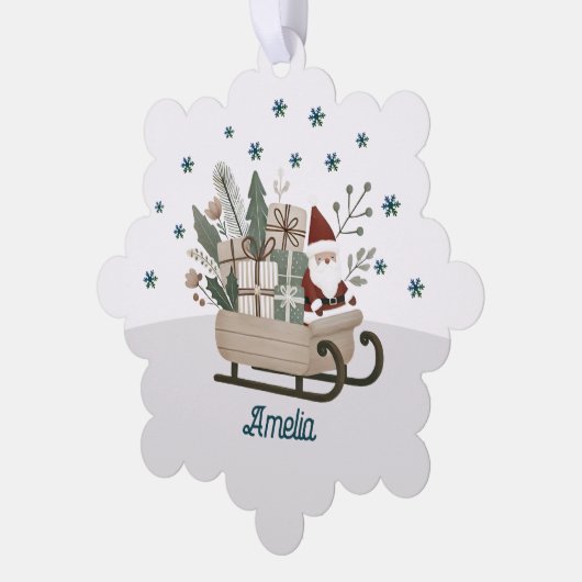 Kerstman op Sleigh Gifts Snowflakes Naam Kerstmis Ornament Kaart (Links)
