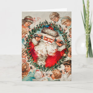 Kerstman op touwtjes telefoons luisterend naar kin feestdagen kaart