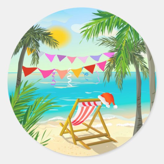 Kerstman op vakantie - Kerstmis met strand Ronde Sticker (Voorkant)