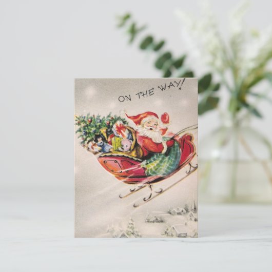 Kerstman op weg feestdagenkaart (Staand voorkant)