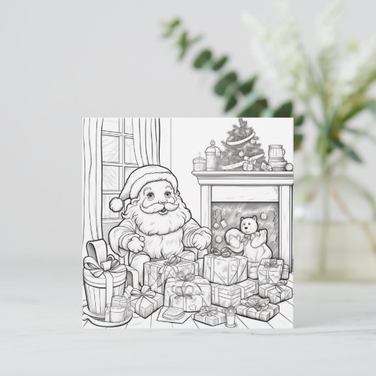 Kerstman open haard geschenken Kinder kleuren kers Feestdagenkaart (Staand voorkant)