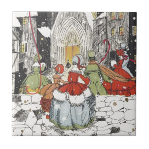Kerstman oud Victoraans volk gaat naar de kerk Tegeltje