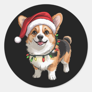 Kerstman Pembroke Welsh Corgi Kerstboom Lichtjes Ronde Sticker